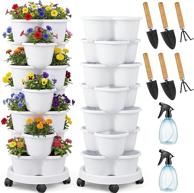 Umigy 2 Set White 7 Tier Stackable Vertical Planters with Removable Wheels and Tools Tower Planters Strawberry Herb Flower Vegetable Pots Indoor Outdoor Gardening Pots