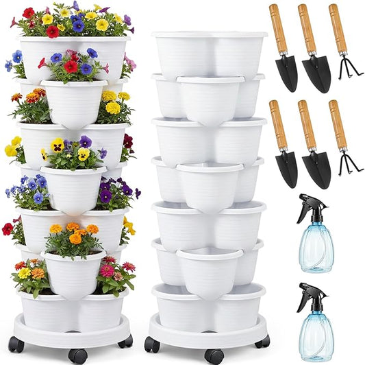 Umigy 2 Set White 7 Tier Stackable Vertical Planters with Removable Wheels and Tools Tower Planters Strawberry Herb Flower Vegetable Pots Indoor Outdoor Gardening Pots