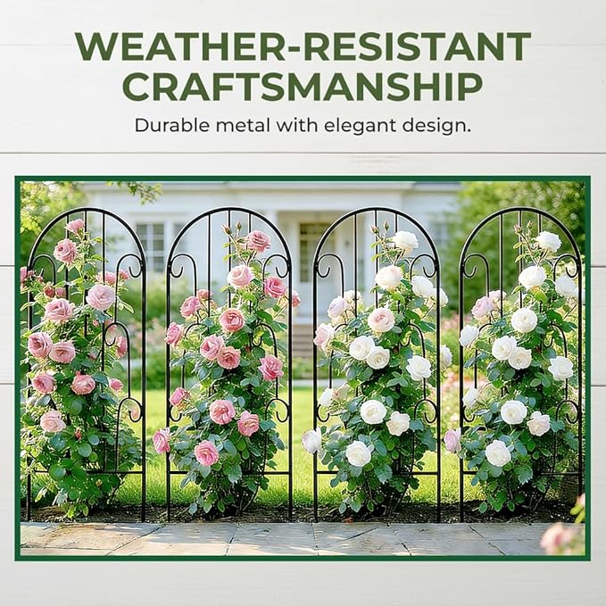 4 Pack Arched Metal Garden Trellis for Climbing Plants 45" H x 15.9" W – Rustproof Iron Trellis with Decorative Scrollwork, Metal Trellised Wire Lattices Grid Panels for Roses, Clematis, Vines