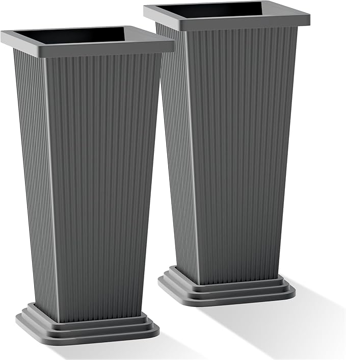 Set of 2 Tall Outdoor Planters with Drainage Tray, 24 Inch Large Flower Pots for Indoor Plants, Front Porch Tall Planter, Weather-Resistant (Gray Ribbed)