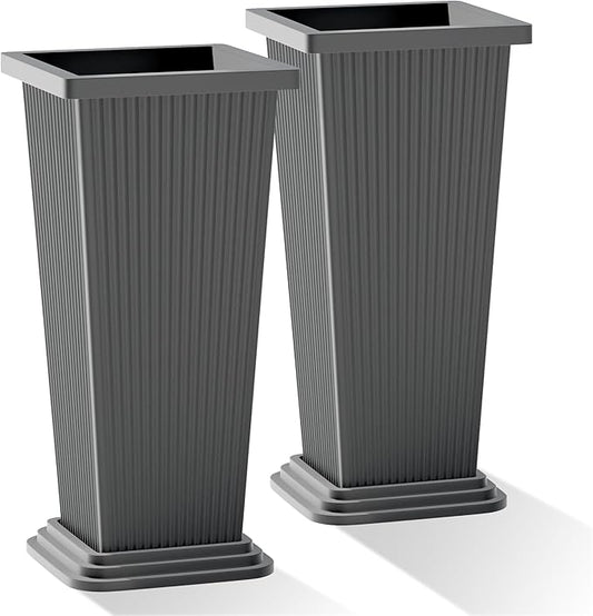 Set of 2 Tall Outdoor Planters with Drainage Tray, 24 Inch Large Flower Pots for Indoor Plants, Front Porch Tall Planter, Weather-Resistant (Gray Ribbed)