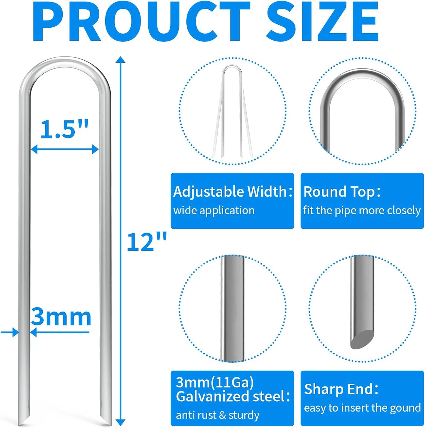 MySit 50 Pack 12 Inch Garden Stakes Heavy Duty 11 Gauge Galvanized Yard Staples U Pegs Fences Drip Irrigation Securing Stakes 1/2-Inch to 1-5/8-Inch Loop Stake for Anchoring Lawn Drippers Soaker Hose