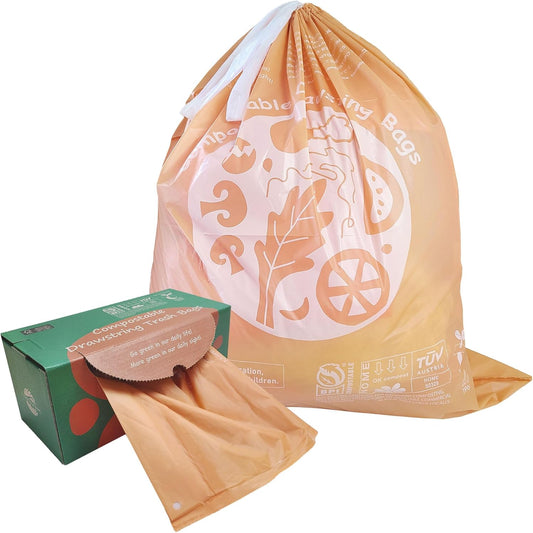 Compostable Trash Bags 13 Gallon, Drawstring Bin Bags, Heavy Duty Waste Bags, Extra Thick, Certified US BPI ASTM D6400, 49.2 Liter, 30 Counts