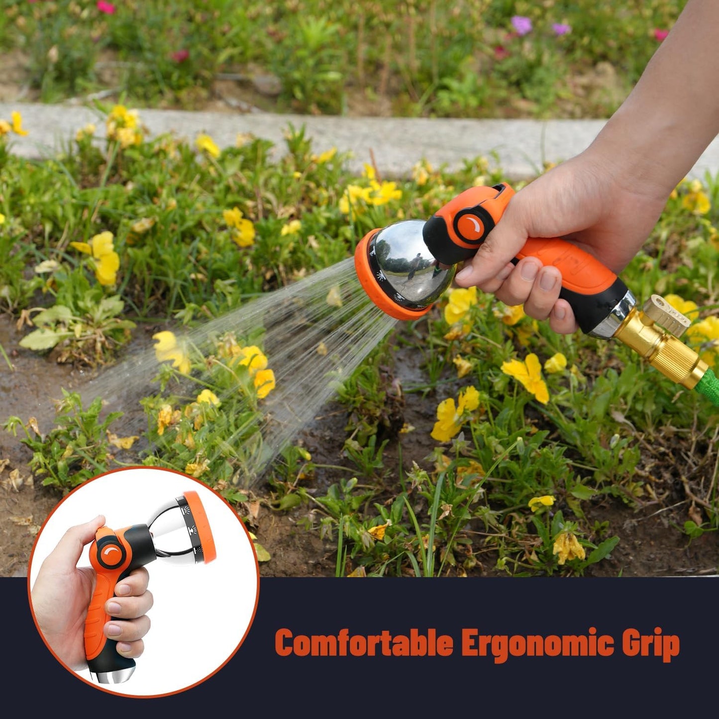Garden Hose Nozzle, Hose Sprayer Nozzle with 10 Spray Patterns, High Pressure Water Hose Nozzle Heavy Duty Metal Hand Sprayer for Car Wash, Plants, Pets & Outdoor Cleaning, Orange