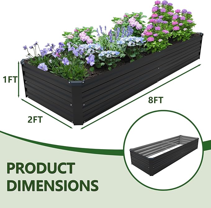 8×2×1FT(2PCS) Galvanized Raised Garden Bed Kit, Metal Planter Boxes,Large Outdoor Planters Garden for Planting Vegetables,Flowers,Herbs -Black