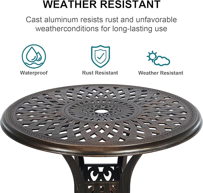 30.31" Outdoor Table and Chairs, Patio Table Set with 2.36" Umbrella Hole, Anti-Resistant Outdoor Dinning Set, Cast Aluminum Patio Furniture Set for Garden, Porch, Deck
