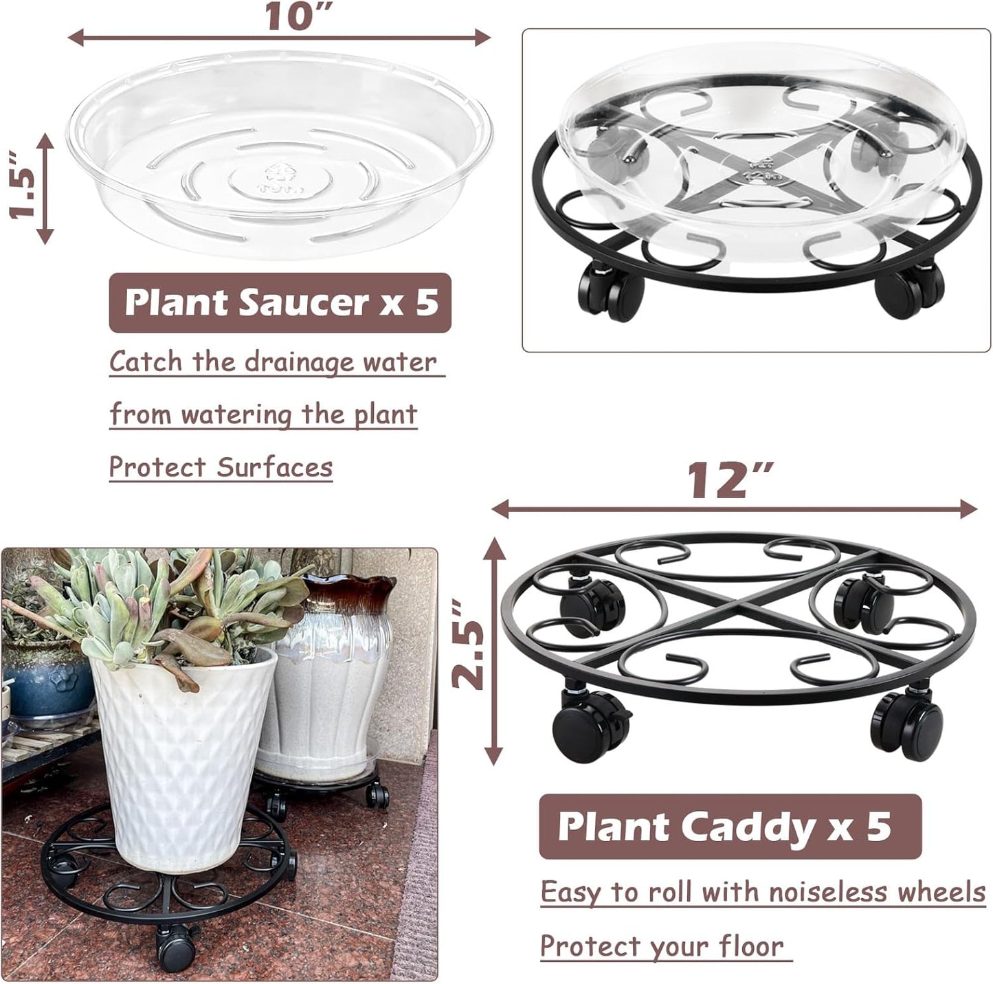 12" Metal Plant Caddy with Wheels 5 Packs Rolling Plant Stands Indoor Wheeled Plant Dolly Heavy-duty Pot Mover Roller Base Outdoor Plant Trolley Cart with Brake Casters Water-proof Dust-proof, Black