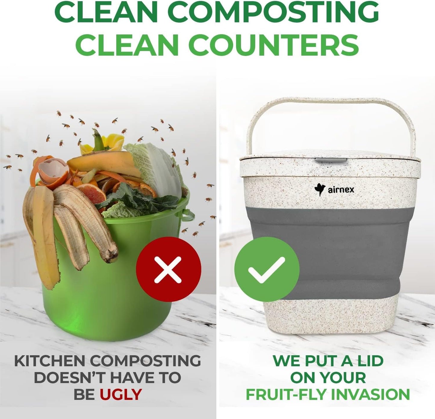 Collapsible Compost Bin Kitchen Counter Caddy - 1 Gallon Countertop Compost Bin with Lid Made of Wheat Straw - Odorless Kitchen Compost Bin Countertop with 20 Compost Bags and 2 Carbon Filters
