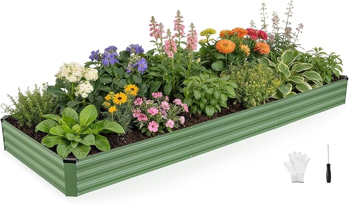 INNO STAGE Galvanized Raised Garden Bed Kits, 12x4x1ft Metal Raised Garden Beds Outdoor, Large Steel Raised Planter Bed with Gloves for Vegetables & Flowers Patio Ground Planter Box(Olive Green, 1PC)
