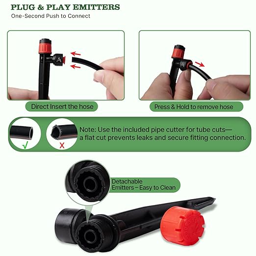 A ANLEOLIFE 230FT Drip Irrigation System Kit, Complete Garden Watering System with 1/2” & 1/4” Quick-Connect Tubing, 32 Adjustable Emitters for Raised Beds, Lawn, Greenhouse, Potted Plants