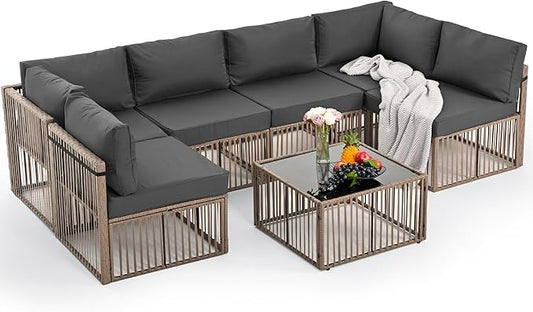 Pamapic 7 Piece Outdoor Sectional Sofa Set, All-Weather Patio Furniture with Washable Cushions, Waterproof Brown Rattan Wicker Conversation Set for Backyard, Poolside, Gray Cushion