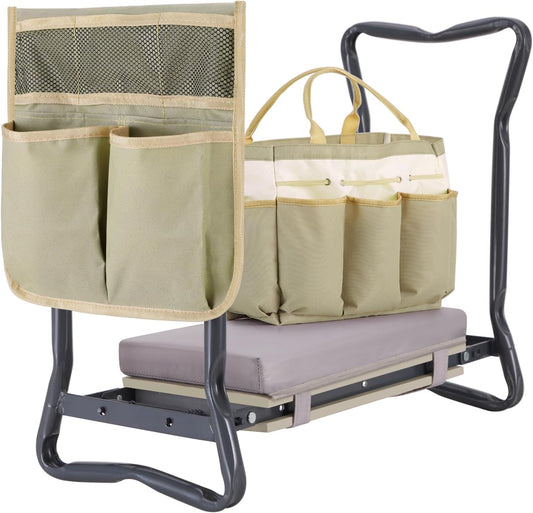 Ohuhu Upgraded Garden Kneeler and Seat 2-in-1 Foldable Gardening Stool with Detachable Soft Kneeling Pad, Garden Bench Heavy Duty with Large Tools Bag and Pouch, Gifts for Women Men Seniors Gardener