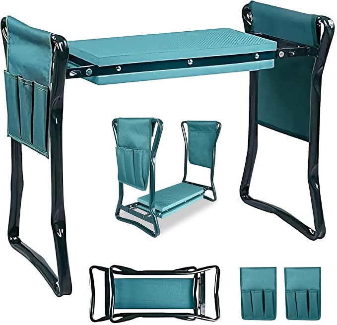 2 in 1 Garden Kneeler and Seat Bench Foldable Stools with 2 Tool Pouches EVA Foam Pad, Perfect Gardening Gifts for Parent Gardener Elderly