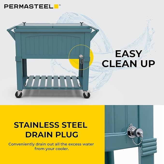 Permasteel 80-Qt Large Antique Patio Cooler with Wheels & Handles, Outdoor Rolling Beverage Cooler Cart with Bottom Storage Shelf, Wood-Style Hard Can Cooler for Outside, Teal Blue Green