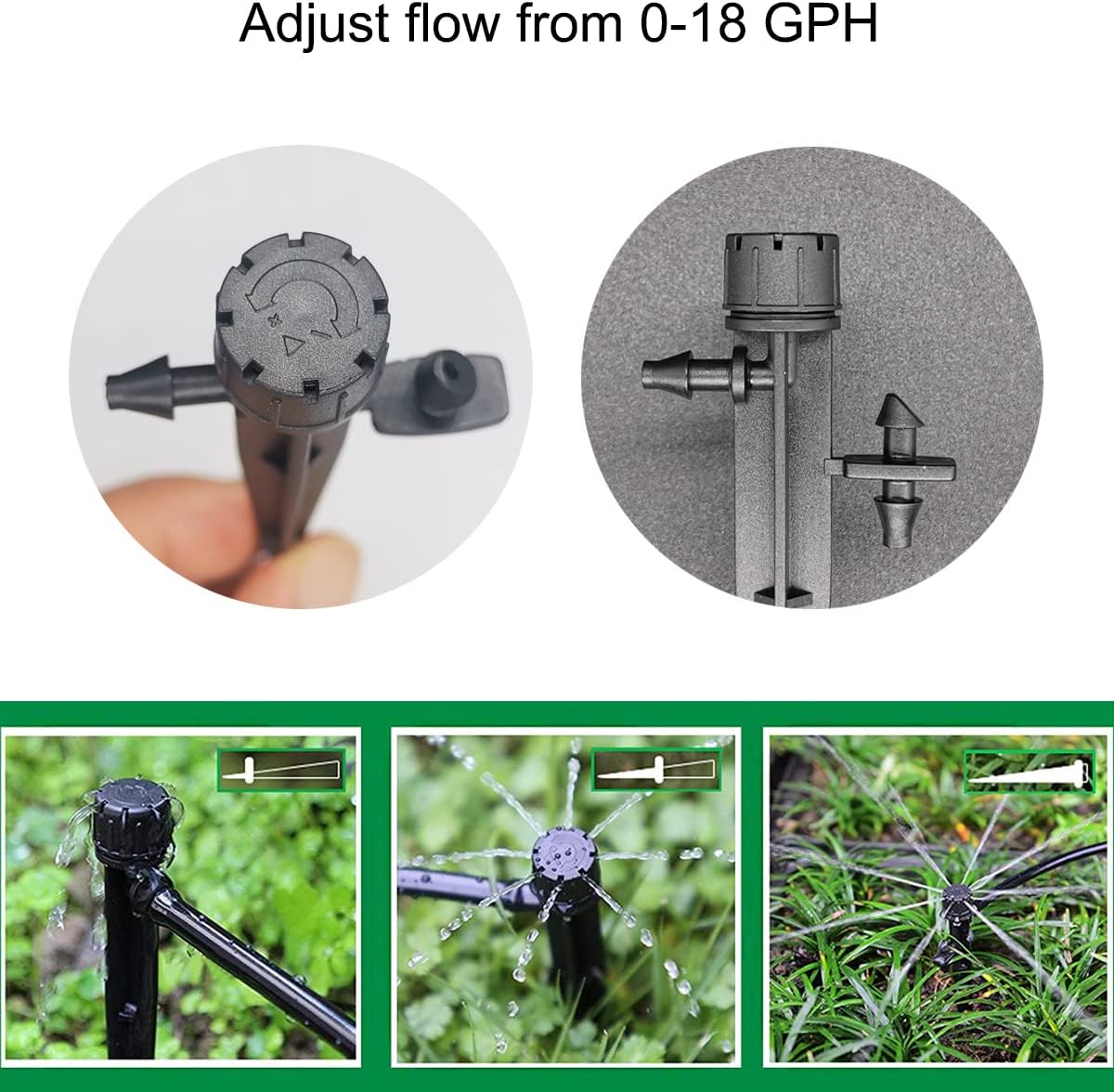 25 Pcs Drip Irrigation Emitters, Adjustable Flow 0-18 GPH Irrigation Drippers with Stake, 360 Degree Flow Sprinkler Head, Micro Sprinkler for Garden Patio Lawn Flower Bed