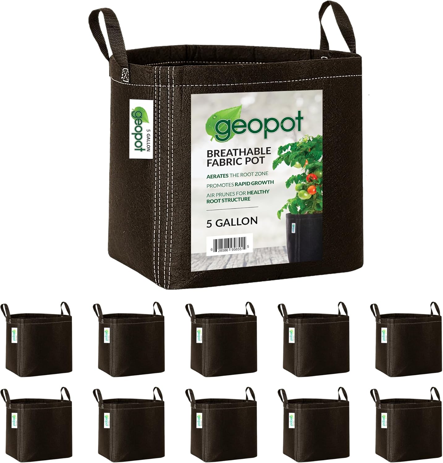 5 Gallon Fabric Grow Bags with Handles for Vegetables, Houseplants, Herbs & Flowers | 10-Pack | Fabric Pots for Outdoors and Indoors, Aerated Fabric Grow Bags