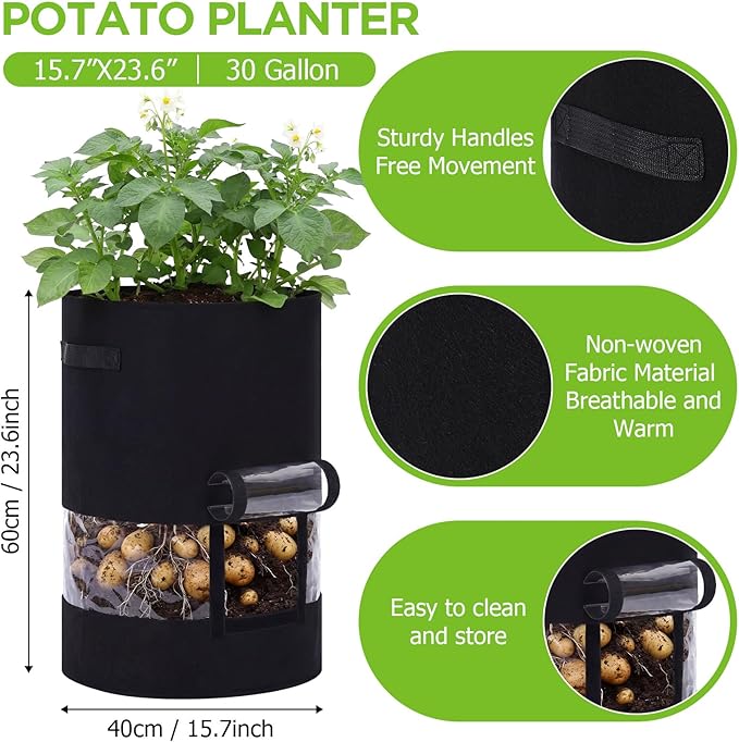 Baderke 4 Pack Visible Potato Grow Bags with Harvest Window, 360 Visibility Plant Grow Bags with Handles for Planting Potatoes, Tomatoes and Vegetables (30 Gallon,Black)