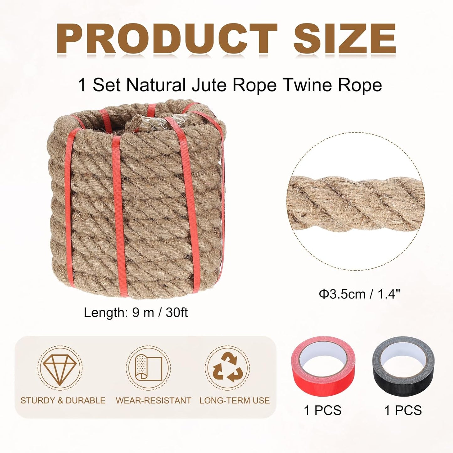 MECCANIXITY Jute Rope 1.4 Inch x 30ft, Thick Twine Rope Ropes Braided Jute Twine Natural Brown Burlap Cord String Heavy Twisted with Tapes for Decorative Crafts Railing Swing Tug of War