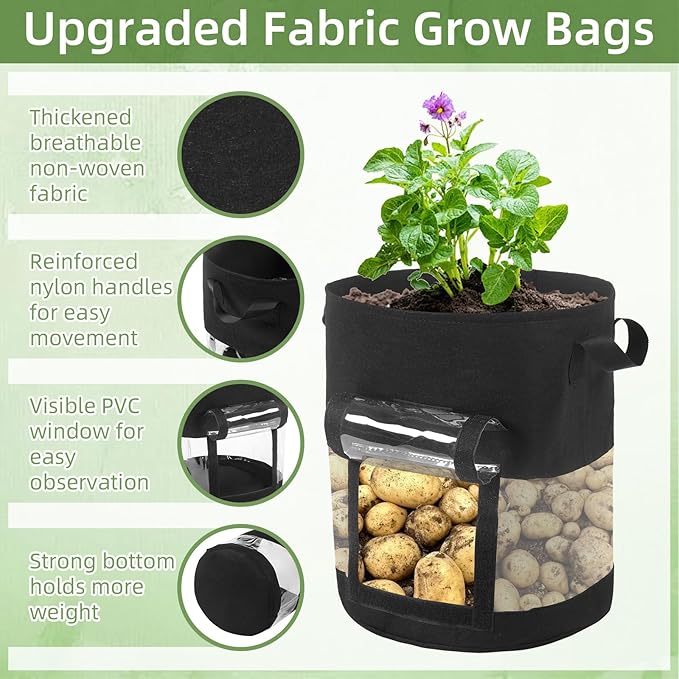 6 Pack 15 Gallon Visible Potato Grow Bags, Thickened Nonwoven Fabric Pots Potato Growing Containers with Handles & Visible Flap, Plant Grow Bags for Growing Potatoes, Tomatoes, Flowers, and Vegetables