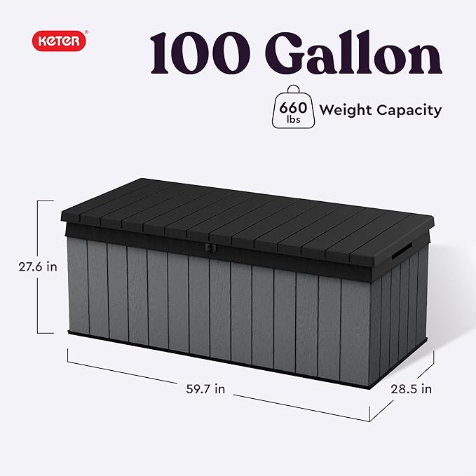 Keter Darwin 100 Gallon Resin Large Deck Box - Organization and Storage for Patio Furniture, Outdoor Cushions, Garden Tools and Pool Toys, Grey & Black
