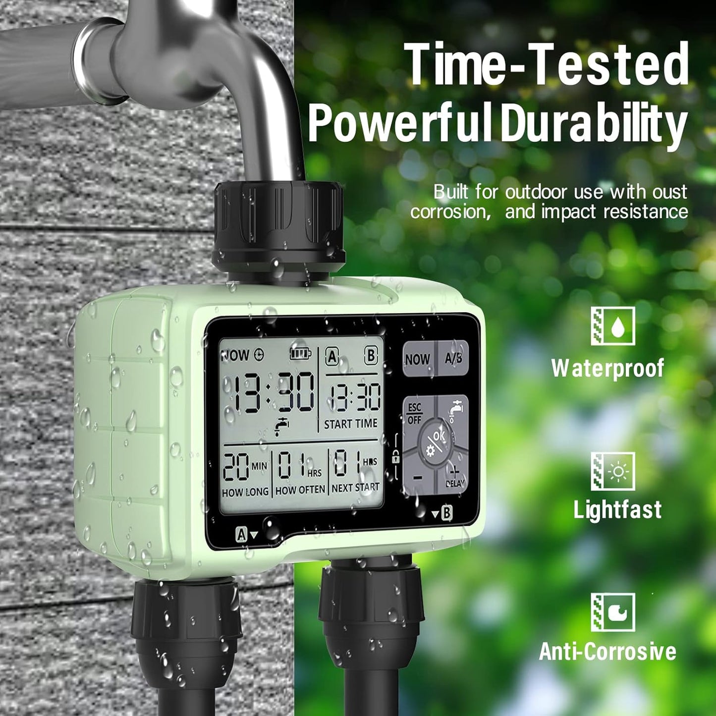 SOYUS Programmable Outdoor Garden Hose Timer with Rain Delay/Manual/Automatic Watering System, Waterproof Digital Irrigation Timer for Lawns, Yard and Pool, 2 Outlet