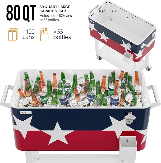 VINGLI 80 Quart Rolling Ice Chest, Portable Patio Party Bar Drink Cooler Cart, with Shelf, Beverage Pool with Bottle Opener