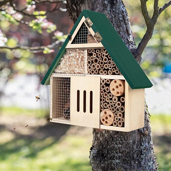 Bee House Hanging Insect Hotel – Natural Wooden Bee Hotel for Outdoors, DIY Insect Shelter for Garden, Yard, or Balcony – Attracts Pollinators Like Bees, Butterflies & Ladybugs