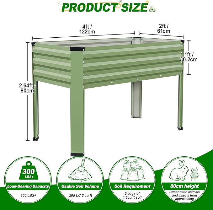 Galvanized Raised Garden Bed with Legs 2Pack, 48x24x32in Elevated Raised Garden Bed Outdoor with Drainage Holes, Planter Boxes for Gardening Vegetable Flower in Backyard, Patio, Balcony (OliveGreen)