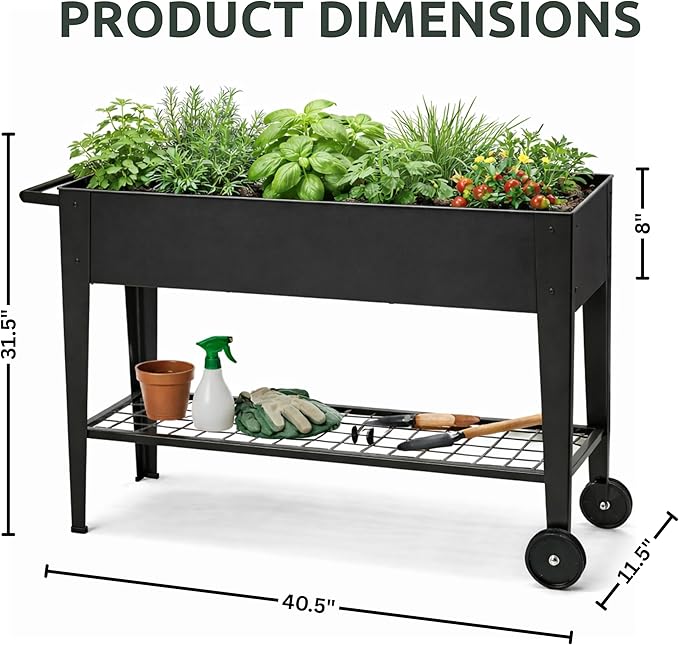 InSideOut Elevated 40" Raised Garden Bed Outdoor with Wheels & Shelf for Mobility, Metal Planter Box for Vegetables/Herbs, Patio-Balcony-Backyard (Charcoal)