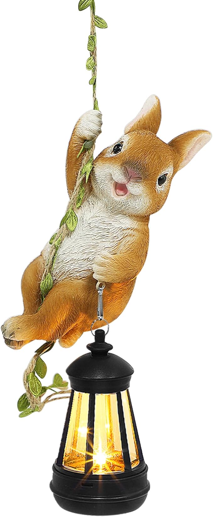 Solar Hanging Bunny Rabbit Statue, Easter Outdoor Resin Animal Figurine with LED Lights for Garden, Fence, Porch, Patio, Yard Decor, Dusk to Dawn Auto On/Off