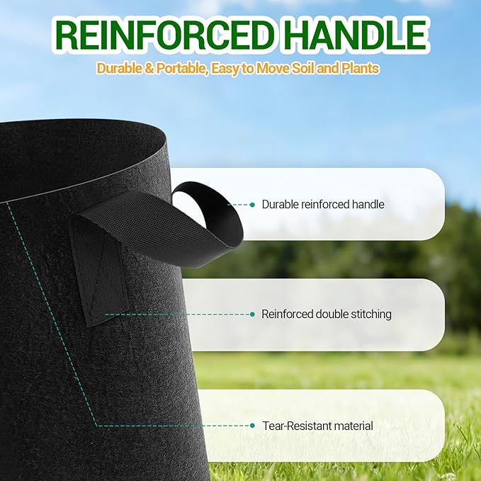 5-Pack 15 Gallon Grow Bags, Thickened Aeration Fabric Pots with Handles, Heavy Duty Plant Bags for Vegetables, Tomatoes, Potatoes, Fruits & Flowers, Reusable Garden Pots for Plants