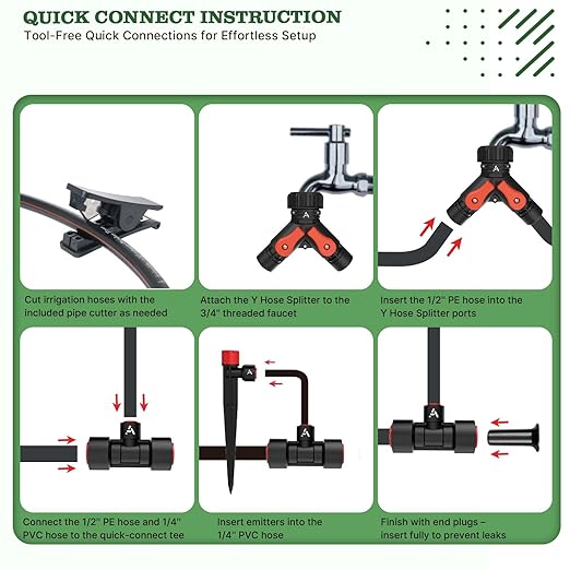 A ANLEOLIFE 100FT Drip Irrigation Kit, All-in-One Quick-Connect System with 1/2” Mainline + 1/4” Tubing, Y Splitter, 22 Adjustable Emitters & Nozzles for Raised Beds, Greenhouse, Vegetable Garden