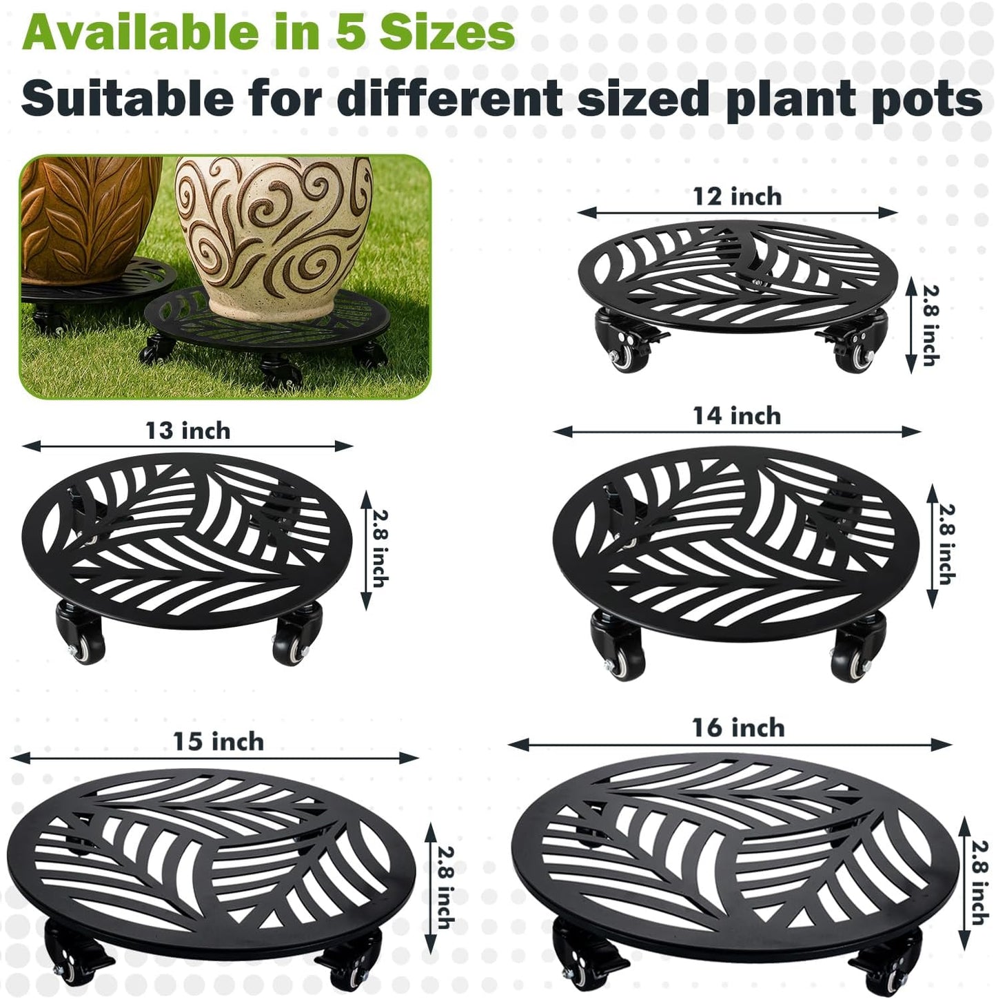1 Pack Large Metal Plant Caddy with Wheels 13.6 Inches Heavy-duty Wrought Iron Rolling Plant Stand with Casters Indoor Outdoor Plant Roller Base Planter Movers Plant Dolly Coaster Trolley Black