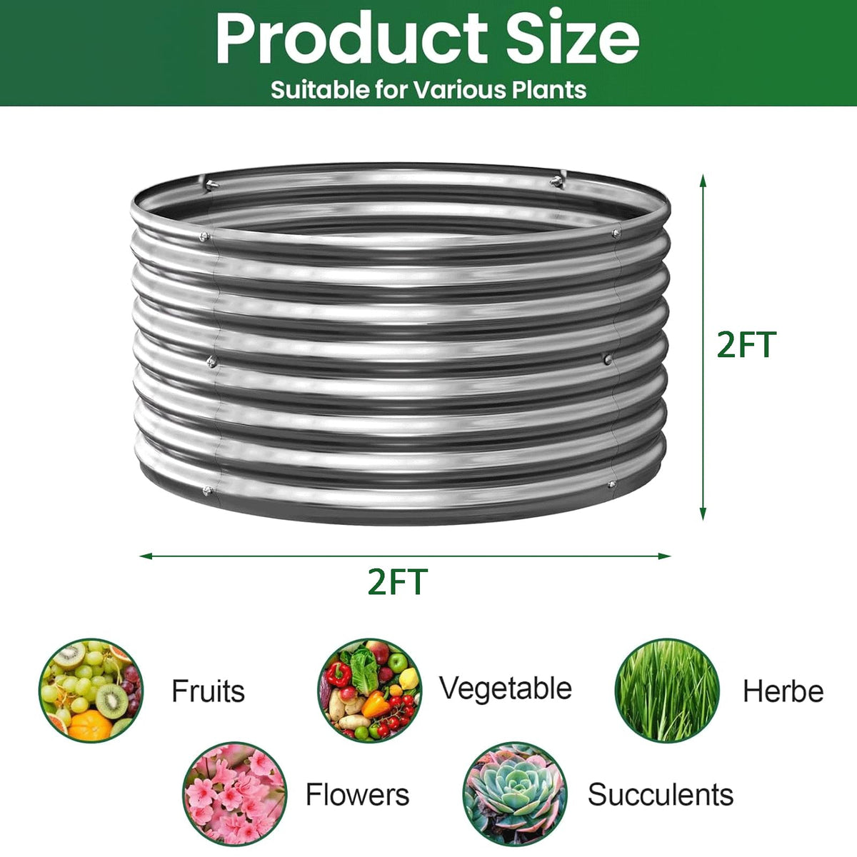 4 Pack Tall 2x2x2FT Round Corrugated Galvanized Steel Raised Garden Bed Outdoor (Silver / 2x2x2FT)