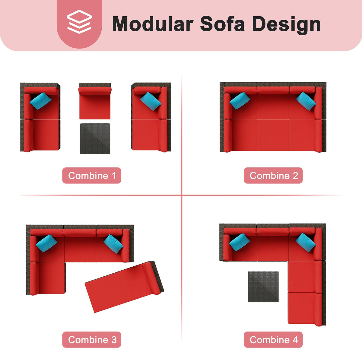 6 Pieces Patio Furniture Set Outdoor Couch Wicker Sectional Sofa (Red / 6 pcs)