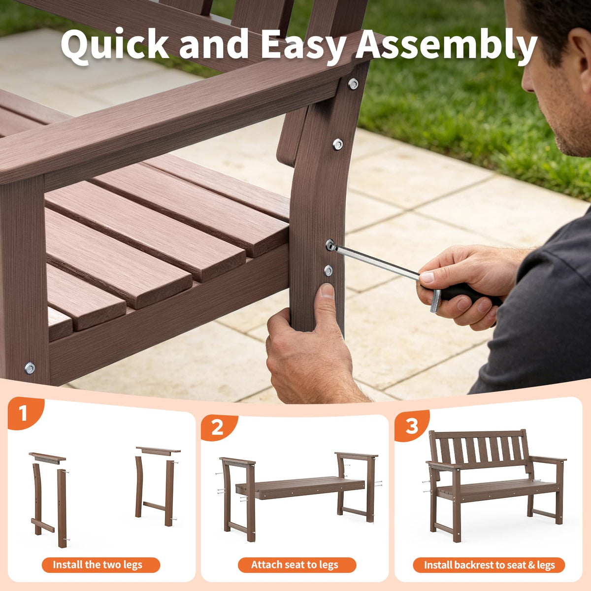 50" HDPE Weatherproof Outdoor Bench Patio Seating (Mocha Brown / 2-Person)