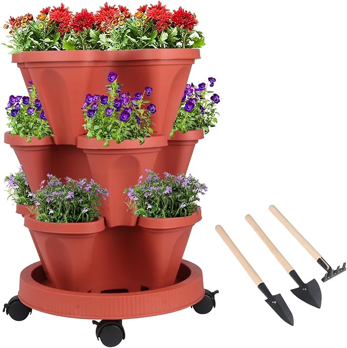 GameXcel Vertical Planter Tower- 3 Tier Stackable Garden Planter with Wheels and Tool Set – Grow Strawberries Herbs Flowers and Vegetables - Indoor Outdoor Use Red