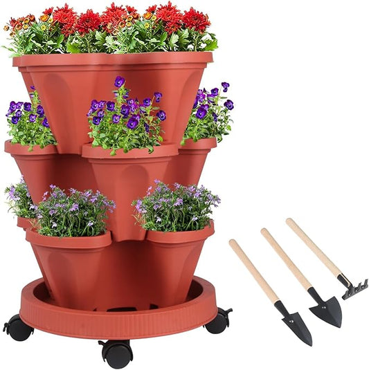 GameXcel Vertical Planter Tower- 3 Tier Stackable Garden Planter with Wheels and Tool Set – Grow Strawberries Herbs Flowers and Vegetables - Indoor Outdoor Use Red