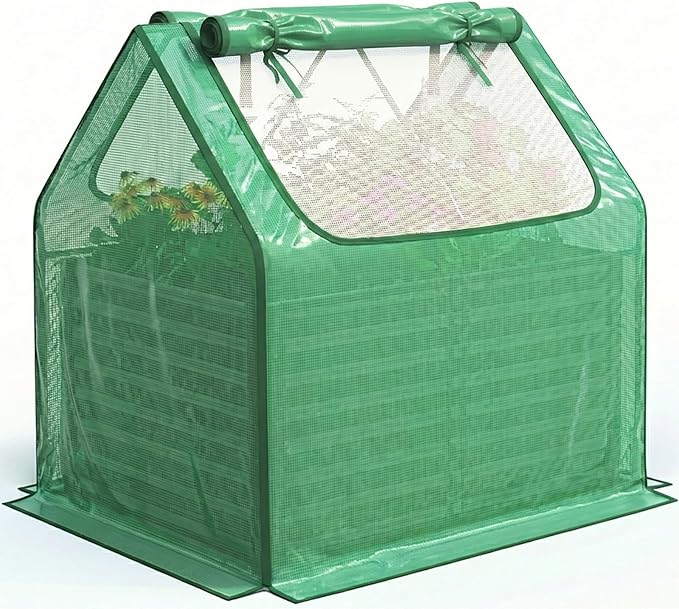 Quictent 4x3x2ft Galvanized Raised Garden Bed with Cover Metal Planter Box Kit, w/ 2 Large Screen Windows Mini Greenhouse 20pcs T Tags 1 Pair of Gloves Included Outdoor Growing Vegetables (Green)