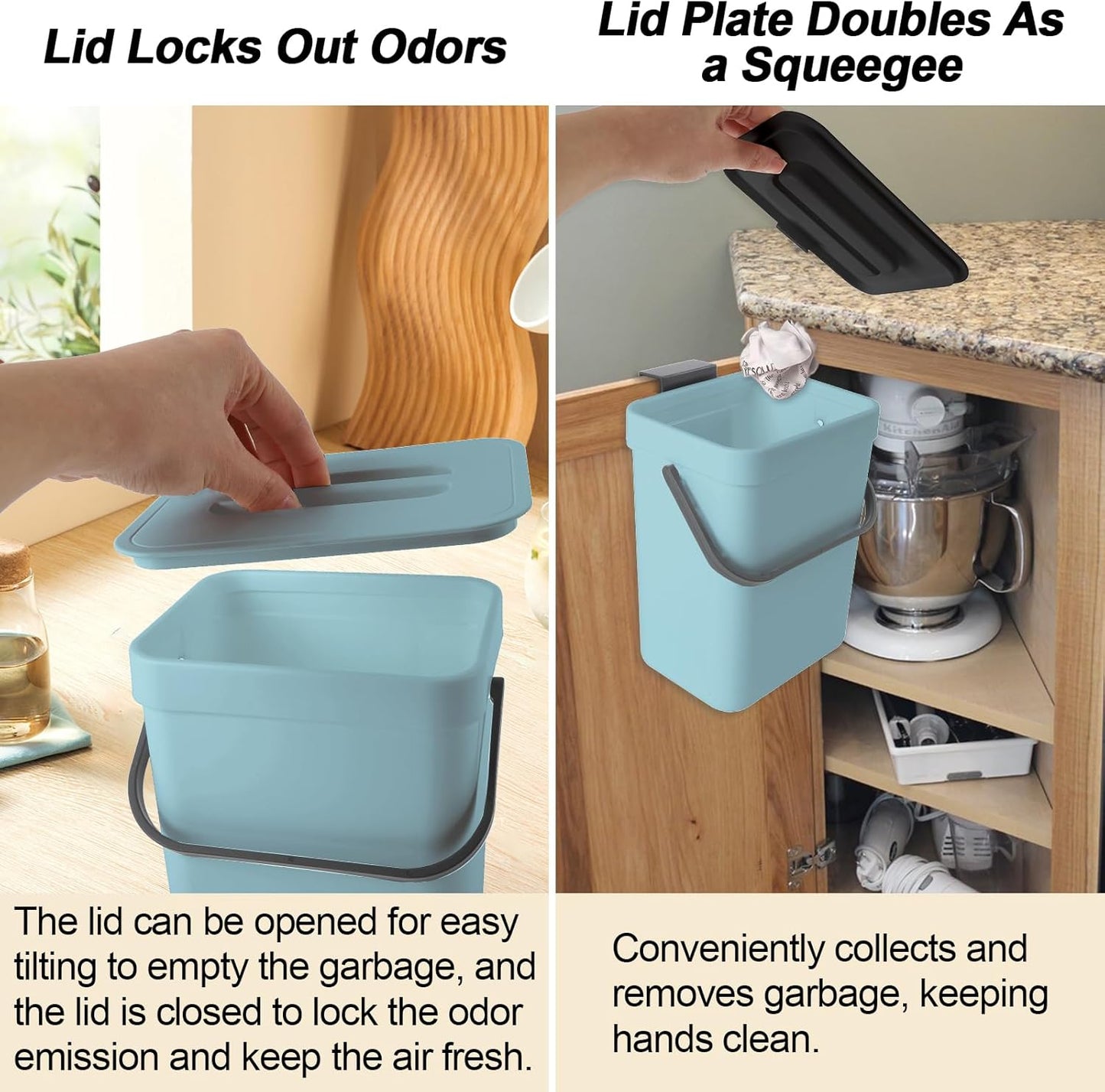 Compost Bin Kitchen, for use on Countertops or Under Sinks, Hanging Trash Can with Lid, for Cupboard/Bathroom/Bedroom/Office/Camping, Mountable Indoor Compost Bucket(Blue 0.8 Gallon/3L)