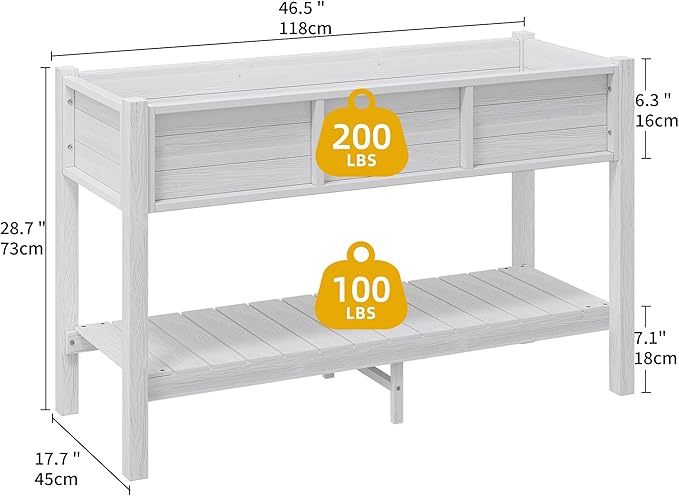 DWVO 48x18x30in Raised Garden Bed HDPE, Poly Wood Planter Box Stand,Weather-Resistant Planter Box with Legs & Storage Shelf, Elevated Garden Bed for Backyard, Patio, Balcony, White