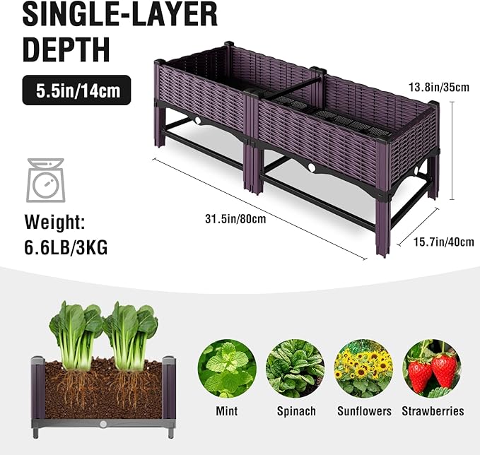 Raised Garden Bed with Reinforcement Rods Elevated Planter Boxes for Outdoor Plants with Drainage Holes for Flowers Vegetables Herbs Patio Backyard Deck Balcony, Purple 31.5x15.7x13.8 in