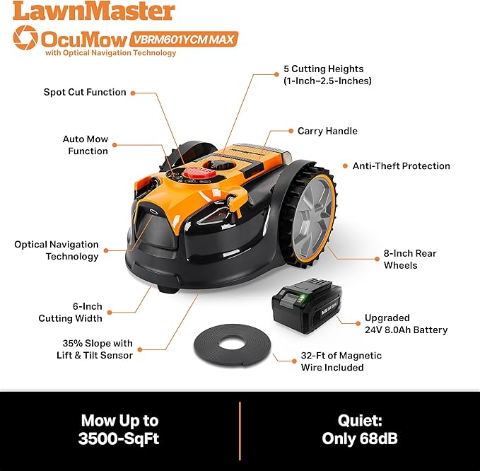 LawnMaster OcuMow™ VBRM601YCM MAX Perimeter Wire Free Robot Lawn Mower Cuts Small Lawns 2000-3500 Square Feet with Optical Navigation, Obstacle Avoidance, Low Noise and No Go Function