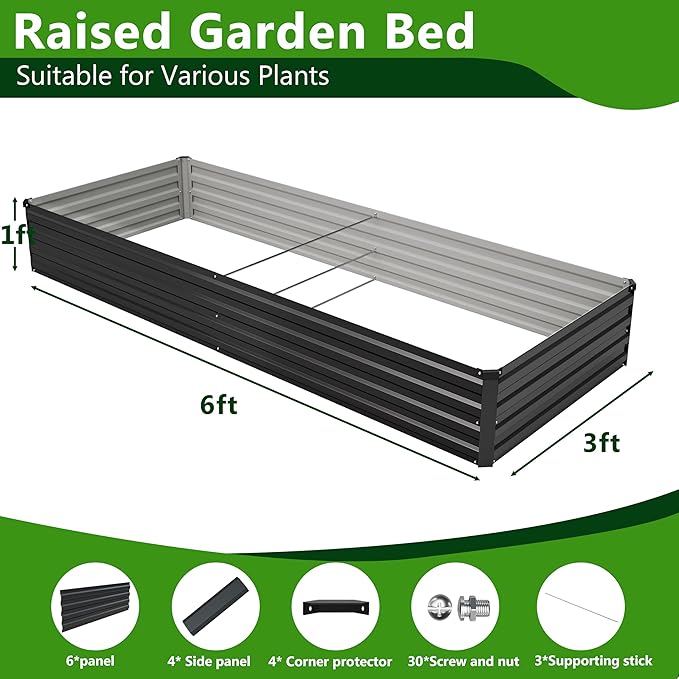 2PCS 6x3x1ft Galvanized Raised Garden Bed Kit, Galvanized Planter Raised Garden Boxes Outdoor, Large Metal Raised Garden Beds for Vegetables,Black