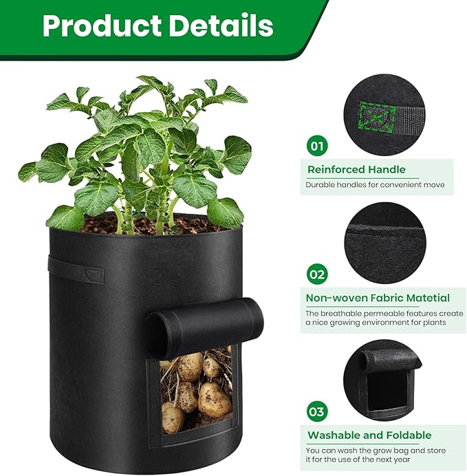 6 Pack Potato Grow Bags, 10 Gallon Planting Bags Large Fabric Pots with Flap Window Vegetable Planter Garden Pot Tall Potato Growing Containers with Handles for Vegetables, Fruits and More, Black