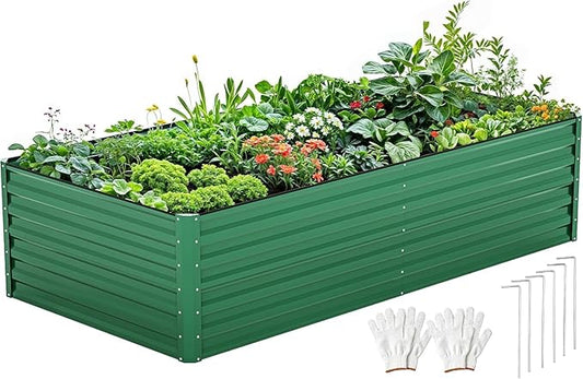 DWVO 8 x 4 x 2 FT Raised Garden Bed Kit, Outdoor Galvanized Flower Bed with Safety Rubber and Gloves, Large Metal Planter Box for Vegetables, Flowers, Herbs, Fruits, Green
