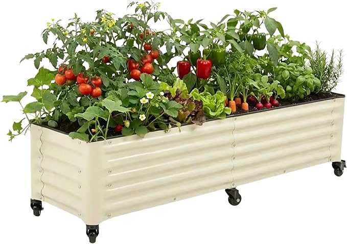 Vego garden Classic Rolling Garden Bed – 1.75' Mobile Metal Raised Garden Bed for Patio, Deck, Balcony – Deep Planting Space, Durable & Easy to Move (Pearl White, 1.75'X6')