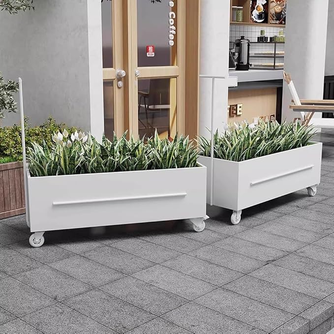 Etlegor Raised Garden Bed Outdoor with Wheels, Metal Planter Box Used Outside Coffee and Milk Tea Shops Enhance The Store Image(White,120x40x40cm)
