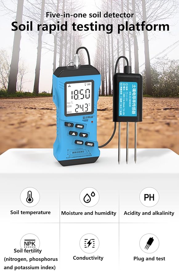 7 in 1 Soil Tester, Digital PH Meter for Soil, NPK Tester with Moisture & Temperature Sensor, Backlit LCD Garden Soil Test Kit for Lawn, Farm, Indoor/Outdoor Plants