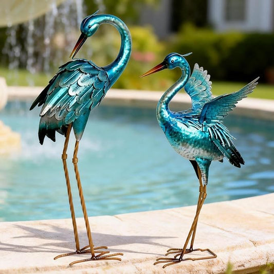 Garden Crane Statues for Outdoor Blue Heron Metal Birds Yard Art Ornaments for Backyard Pond Patio Porch Outside Decorations